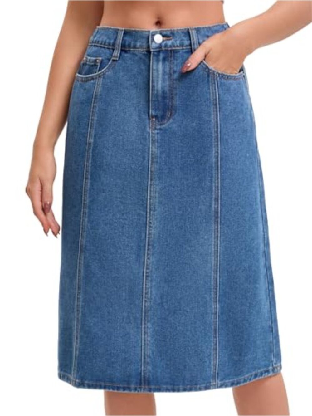 A Line Midi Denim Skirt High Waist Elastic Back Pockets